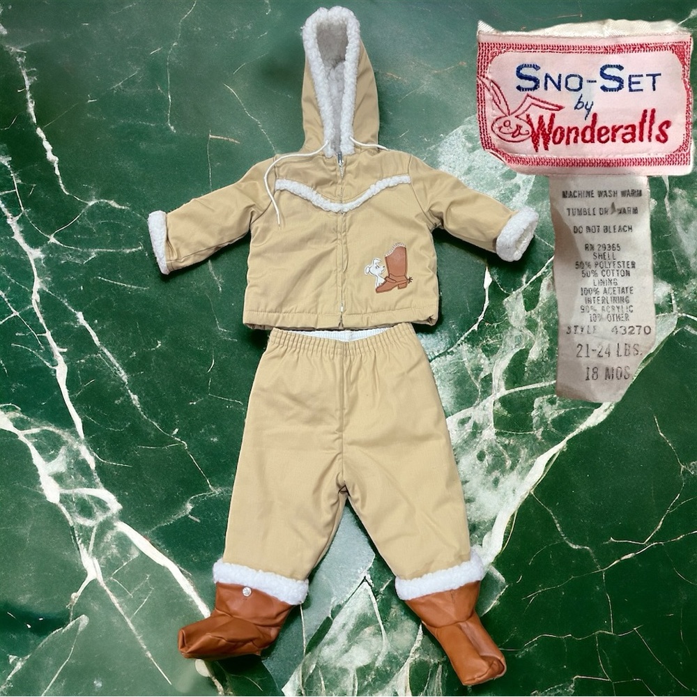 VTG Tan 2 Piece Snow-Set by Wonderalls Jacket & Pants removable booties 18mnth
